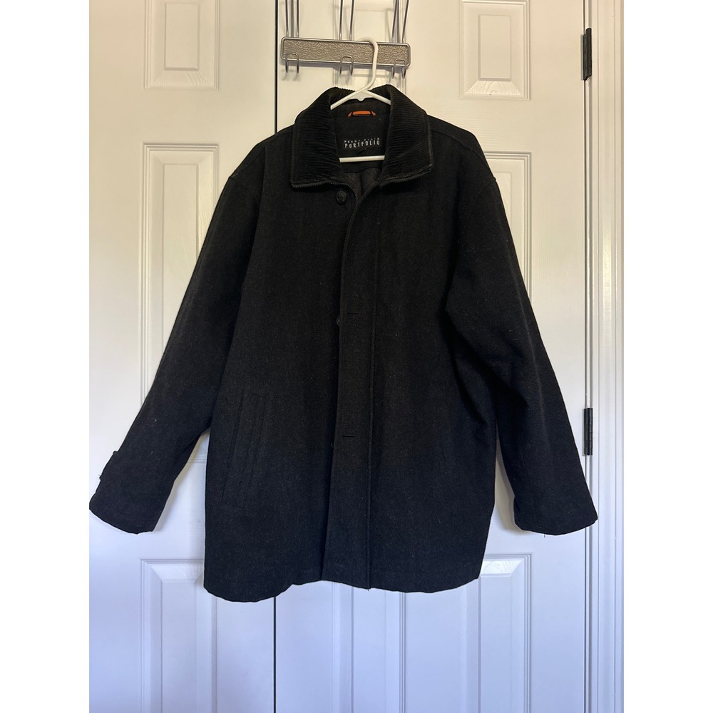 Perry Ellis Portfolio Mens Black 100% Wool Quilted Lined Jacket Coat Size L